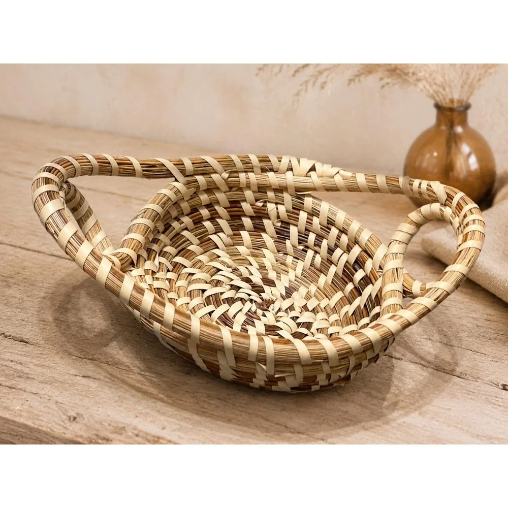 Vintage Gullah Sweetgrass Basket Coiled Lowcountry Folk Art Handwoven Handles